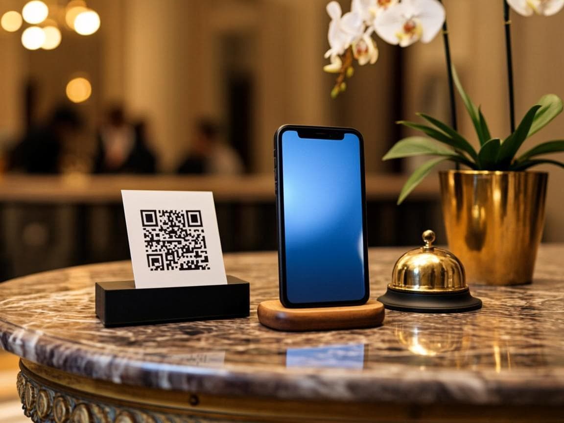 Plaque QR RoomScan, smartphone et cloche de conciergerie sur un marbre d'hôtel de luxe